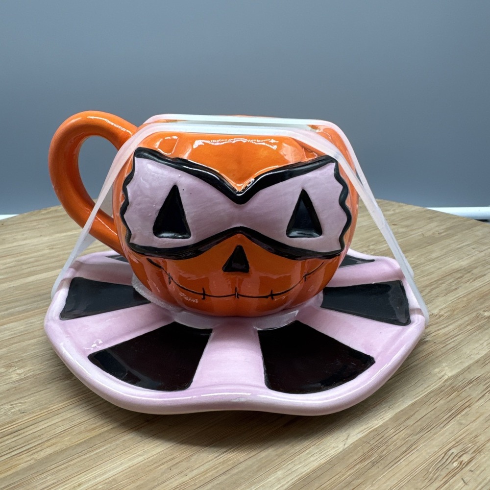 Halloween Ceramic Mug Plate Pumpkin Vintage Dupe, Pink Orange New